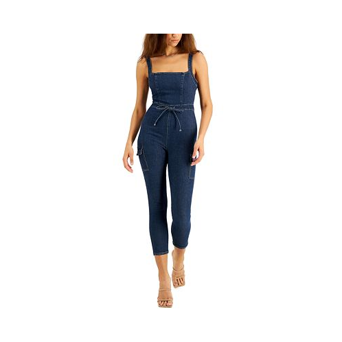 Tinseltown Juniors Belted Denim Jumpsuit with Ruffle