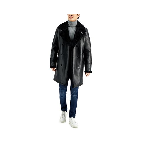GUESS Mens Long Pleather Double Breasted Coat with Faux Shearling Cuff and Collar