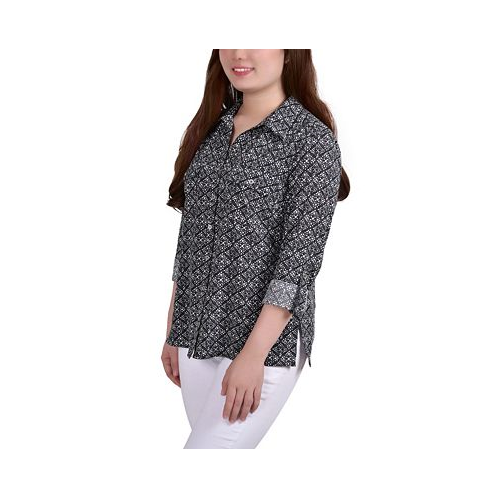 NY Collection Petite 3/4 Sleeve Roll Tab Notch Collar Blouse