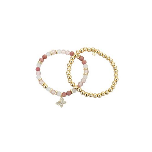 Unwritten 14K Gold Flash-Plated Pink Stone And Gold Bead Butterfly Bracelet Duo