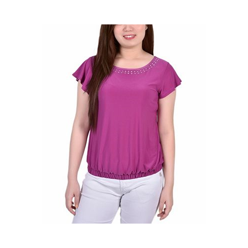 NY Collection Petite Size Short Flutter Sleeve Top with Studded Neckline