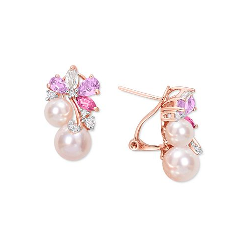 Macys Pink Cultured Freshwater Pearl (6 & 8mm) & Multi-Gemstone (2-3/8 ct. t.w.) Flower Cluster Stud Earrings in 18k Gold-Plated Sterling Silver