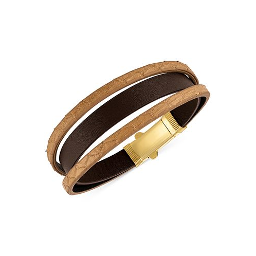 Esquire Mens Jewelry Two-Tone Triple Strap Leather Layered Bracelet in 18k Gold-Plated Sterling Silver