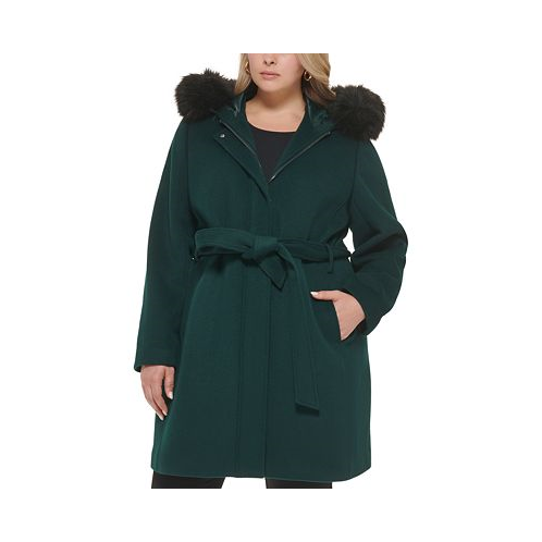 Cole Haan Womens Plus Size Faux-Fur-Trim Hooded Coat