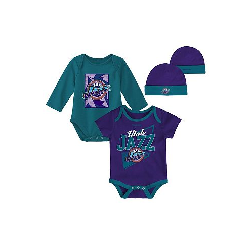 Mitchell & Ness Infant Boys and Girls Purple Teal Utah Jazz Hardwood Classics Bodysuits and Cuffed Knit Hat Set