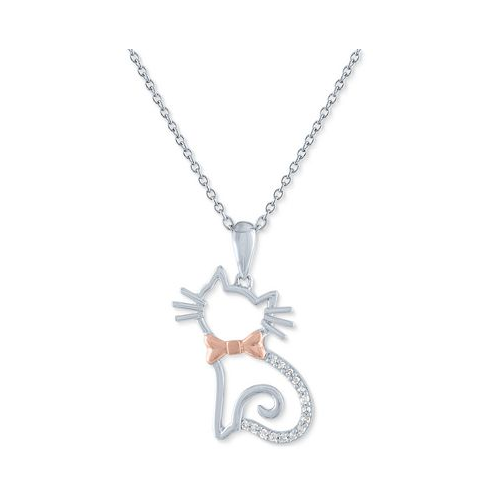 Macys Diamond Accent Cat with Bowtie Pendant Necklace in Sterling Silver & 14k Rose Gold-Plate 16 + 2 extender