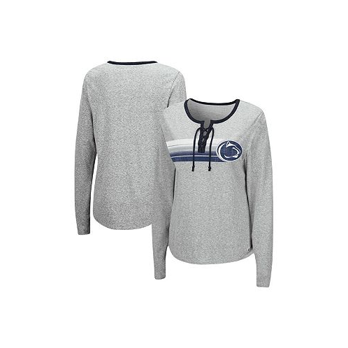 Colosseum Womens Heathered Gray Penn State Nittany Lions Sundial Tri-Blend Long Sleeve Lace-Up T-shirt