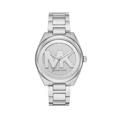 Michael Kors Womens Janelle Three-Hand Silver-Tone Stainless Steel Bracelet Watch 42mm
