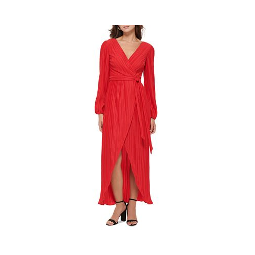 GUESS Womens Pleated Woven Faux-Wrap V-Neck Maxi Dress