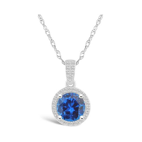 Macys Lab Grown Sapphire (1-3/5 ct. t.w.) and Lab Grown White Sapphire (1/6 ct. t.w.) Halo Pendant Necklace in 10K White Gold