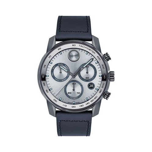 Movado Mens Bold Verso Swiss Quartz Chronograph Navy Genuine Leather Strap Watch 44mm