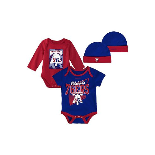 Mitchell & Ness Newborn and Infant Boys and Girls Blue Red Philadelphia 76ers 3-Piece Hardwood Classics Bodysuits and Cuffed Knit Hat Set