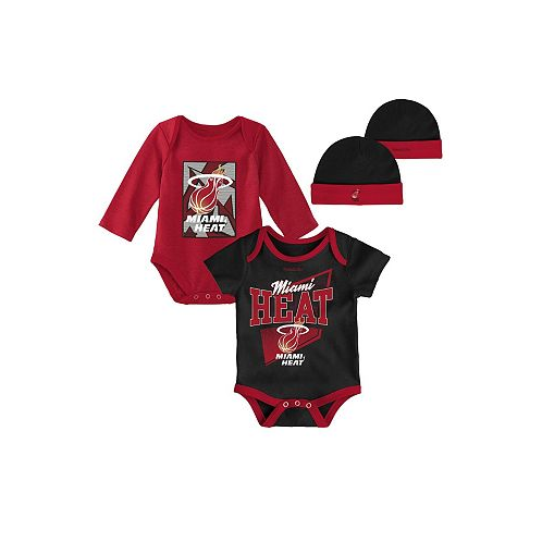 Mitchell & Ness Infant Boys and Girls Black Red Miami Heat Hardwood Classics Bodysuits and Cuffed Knit Hat Set