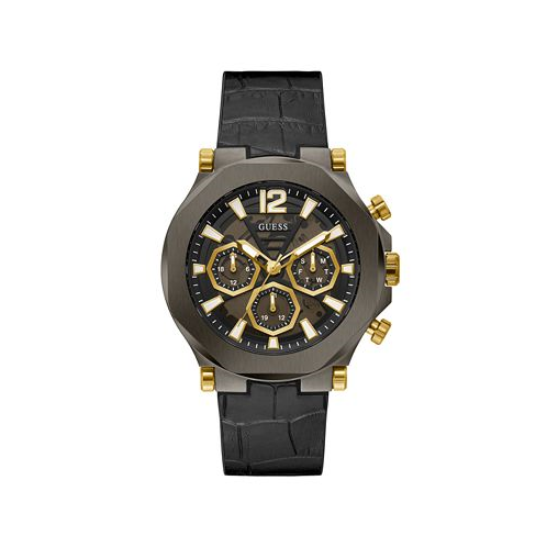 GUESS Mens Multi-Function Black and Gunmetal Genuine Leather and Silicone Watch 46mm