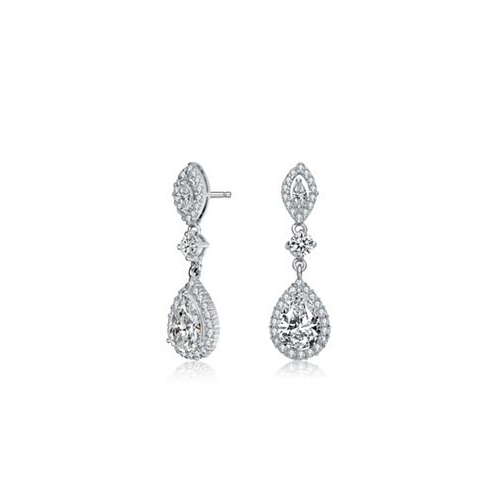 Genevive Sterling Silver with Rhodium Plated Clear Pear with Round and Marquise Cubic Zirconia Accent Dangle Earrings