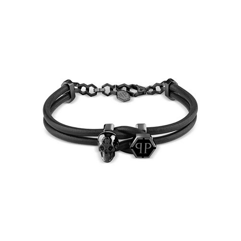Philipp Plein Black-Tone Stainless Steel 3D $kull & Logo Leather Flex Bracelet