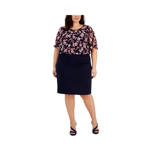 Connected Plus Size Floral-Print-Bodice Sheath Dress