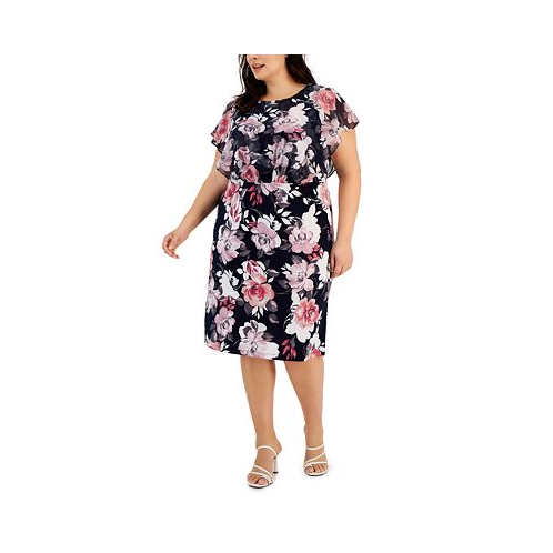 Connected Plus Size Floral-Print Flutter-Sleeve Midi Dress