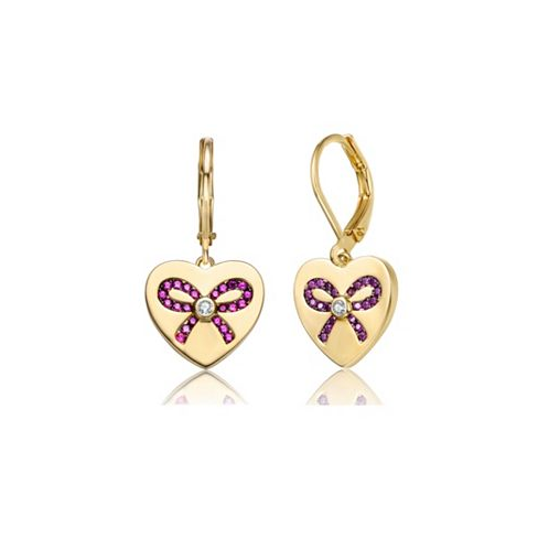 Genevive Sterling Silver with Pink Bow Heart Cubic Zirconia Leverback Earrings
