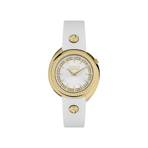 Versus Versace Womens Tortona Crystal 2 Hand Quartz White Genuine Leather Watch 38mm