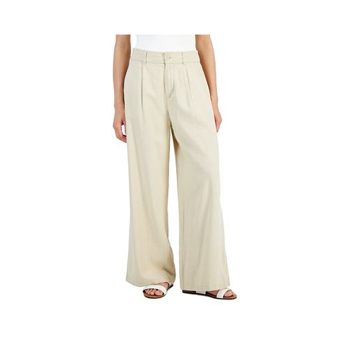 Rewash Juniors High-Rise Linen Wide-Leg Pleat-Front Trouser Pants