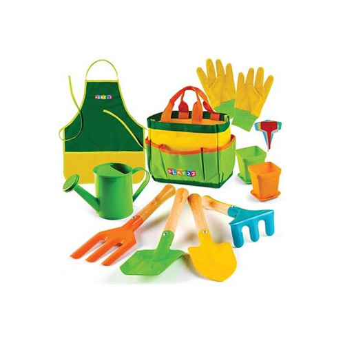 Play22usa Kids Toy Garden Tool Set 12-Piece - Shovel Rake Fork Trowel Apron Gloves Watering Can and Tote Bag