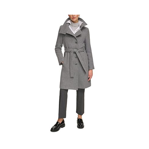 Calvin Klein Womens Wool Blend Belted Buttoned Coat