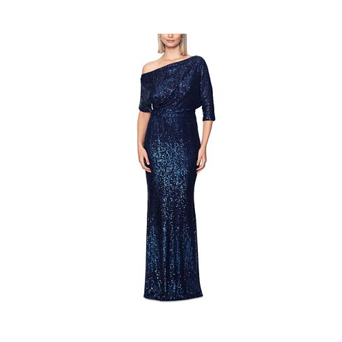 Betsy & Adam Womens Sequined One-Shoulder Gown