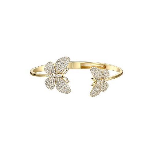 Rachel Glauber 14k Gold Plated with Cubic Zirconia French Pave Butterfly Open Cuff Bangle Bracelet