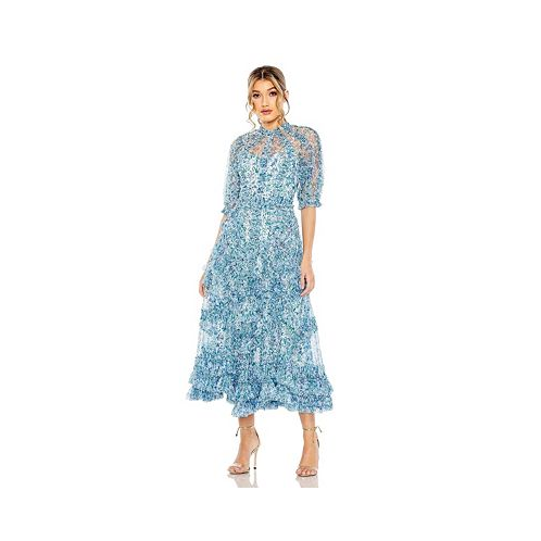 Mac Duggal Womens Mesh Puff Sleeve Floral Print Dress