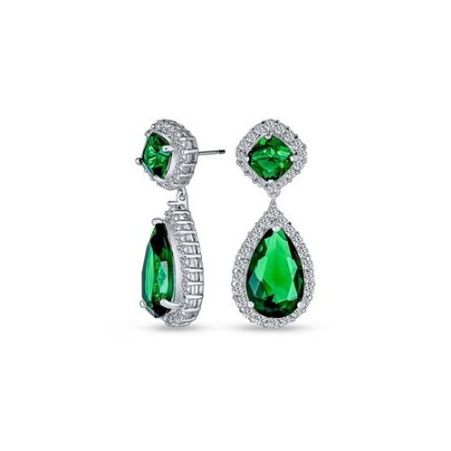 Bling Jewelry Classic Bridal Statement 7-5CT Green AAA CZ Pear Shaped Simulated Emerald Clear Cubic Zirconia Halo Teardrop Chandelier Dangle Earrings Bridesmaid