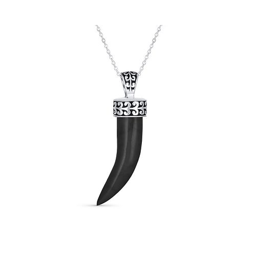 Bling Jewelry Tooth Amulet Black Onyx Gemstone Cornicello Italian Horn L Chili Pepper Pendant Necklace Western Jewelry For Men Oxidized Sterling Silver Scroll