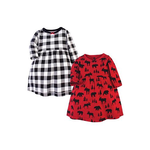 Hudson Baby Baby Girls Cotton Long-Sleeve Dresses 2pk Red Moose Bear