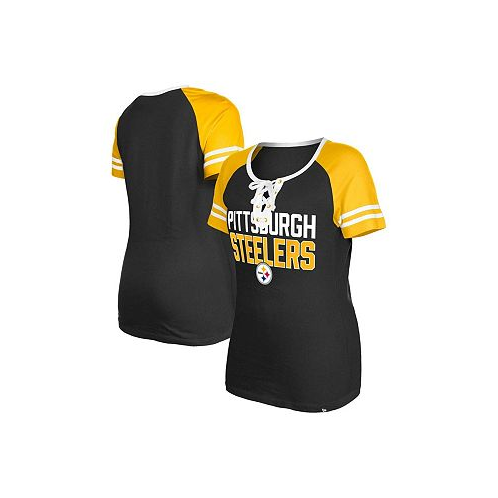 New Era Womens Black Pittsburgh Steelers Raglan Lace-Up T-shirt