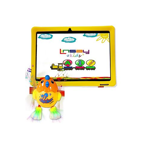 LINSAY New 10.1 Funny Kids Tablet Octa Core 128GB Bundle with Yellow Kids Defender Case and Smart Chicken Toy Newest Android 13