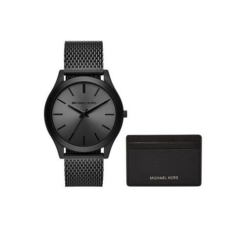 Michael Kors Mens Runway Three-Hand Black Stainless Steel Mesh Watch 44mm and Wallet Gift Set