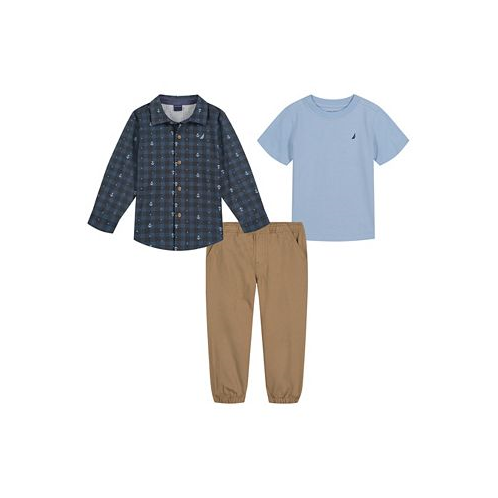 Nautica Baby Boys T-shirt Long Sleeves Printed Poplin Shirt and Twill Joggers 3 Piece Set