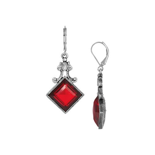 2028 Glass Red Square Silver-Tone Drop Earrings