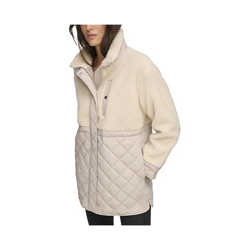 Andrew Marc Sport Womens Mixed Media Sherpa and Quilt Jacket With Adjustable Waist