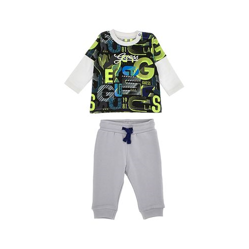 GUESS Baby Boys Cotton Jersey All Over Print Faux Twofer Top and French Terry Joggers 2 Piece Set