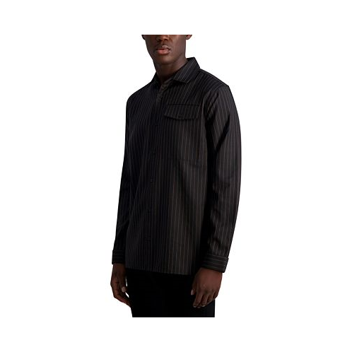 KARL LAGERFELD PARIS Mens Oversized Striped Textured Long Sleeve with Chest Pocket Shirt Jacket