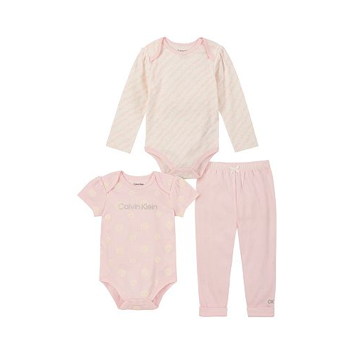 Calvin Klein Baby Girls Two Patterned Logo Bodysuits and Solid Joggers 3 Piece Set
