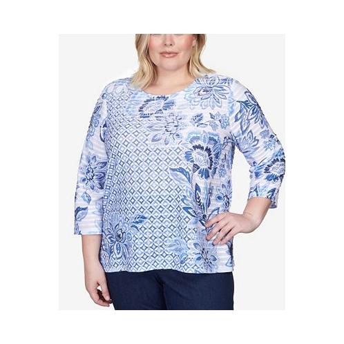Alfred Dunner Plus Size Lavender Fields Geo Floral Printed Ruffle Top