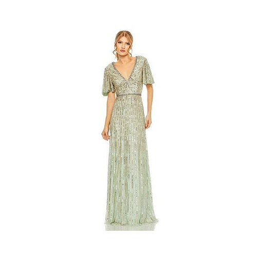 Mac Duggal Womens Embellished V Neck Butterfly Sleeve Column Gown