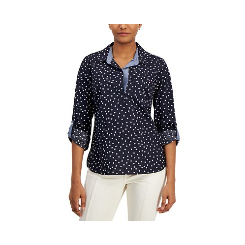 Tommy Hilfiger Womens Polka-Dot Cotton Popover Top