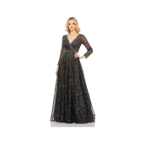 Mac Duggal Womens Embellished Illusion Long Sleeve V Neck Gown