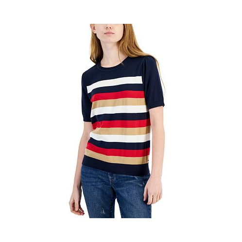 Tommy Hilfiger Womens Striped Short-Sleeve Sweater
