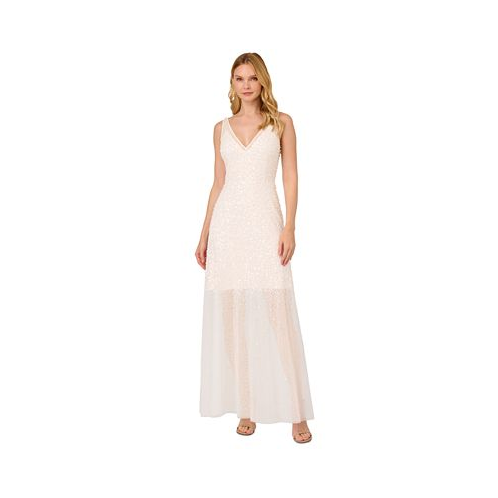 Adrianna Papell Womens Embellished Illusion V-Neck Gown
