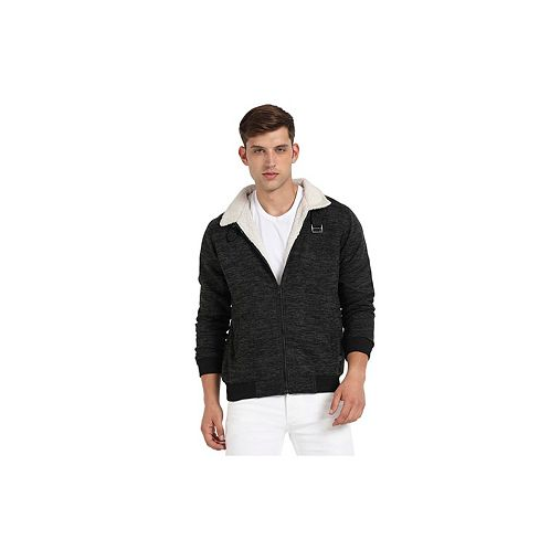 Campus Sutra Mens Charcoal Grey Heathered Jacket With Fleece Detail
