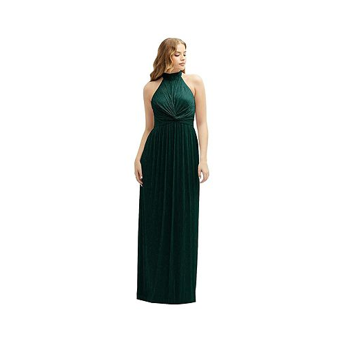 After Six Plus Size Band Collar Halter Open-Back Metallic Pleated Maxi Dress